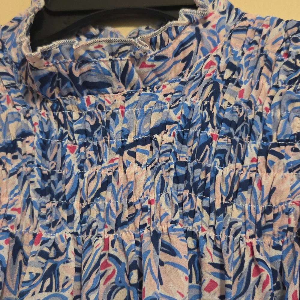 Simply Southern Blue & Pink Leaf Patterned Flowy Smocked Dress Size Youth Small